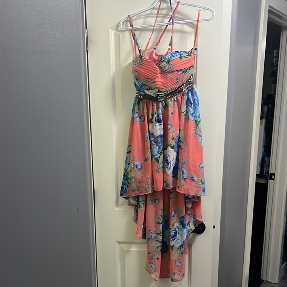 Floral High-Low Dress with Beaded Waist